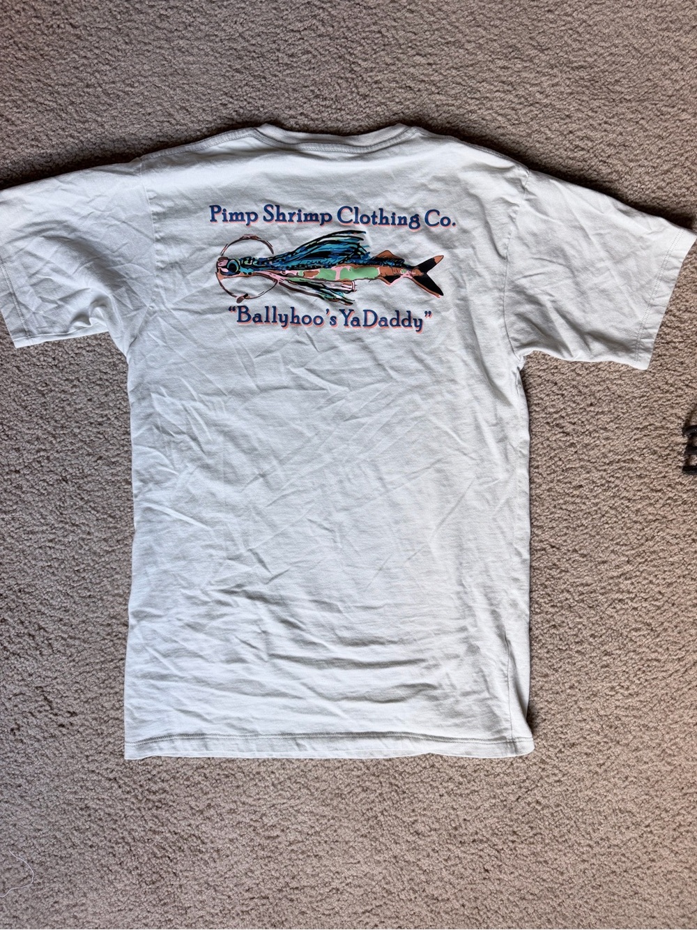 Pimp Shrimp Clothing Co. White Graphic Tee with Colorful Fish Print